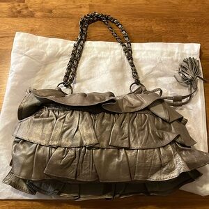 Adrienne Vittadini Ruffled Tassels Metallic Taupe Leather Hand Bag Purse